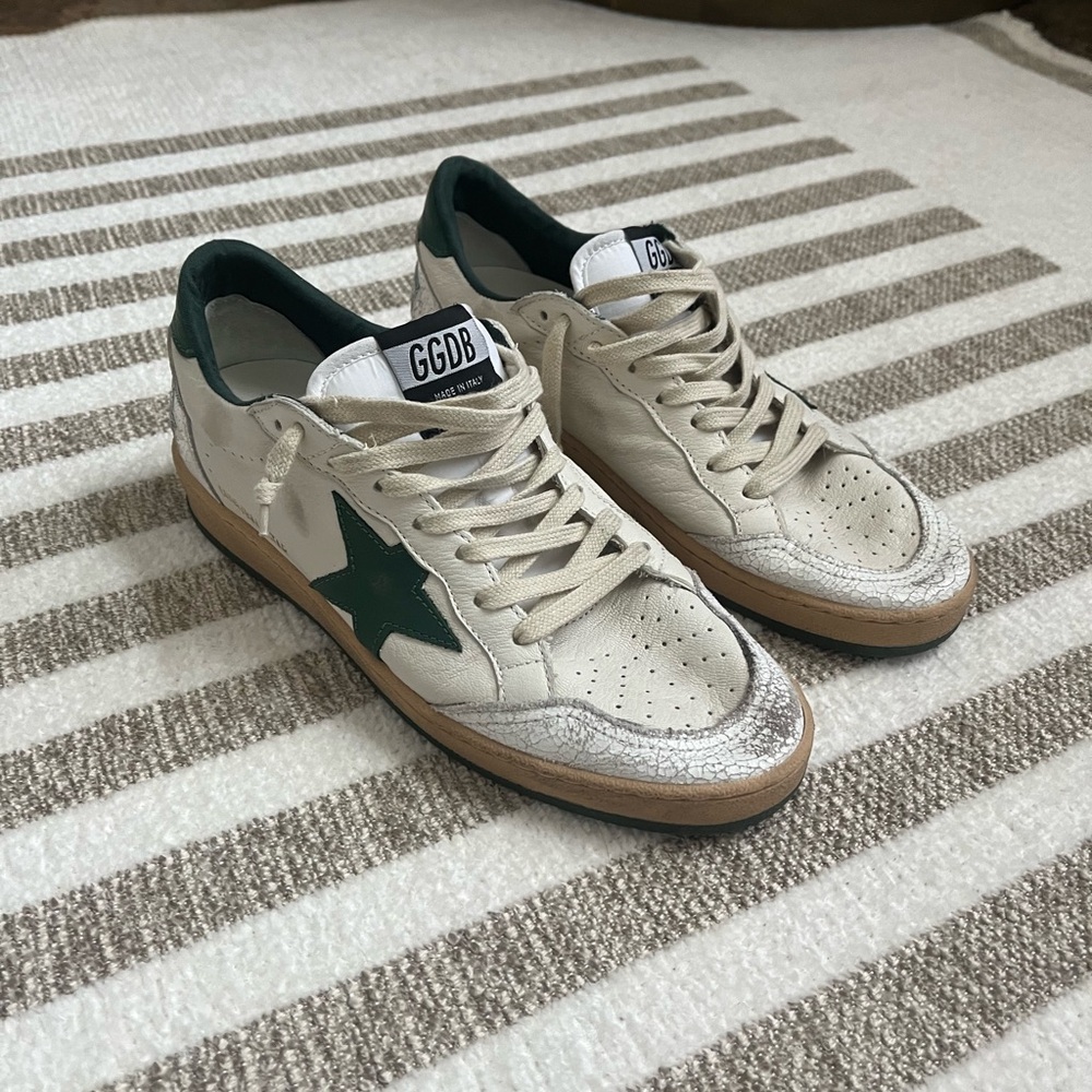 Golden Goose Cream and Green Sneakers